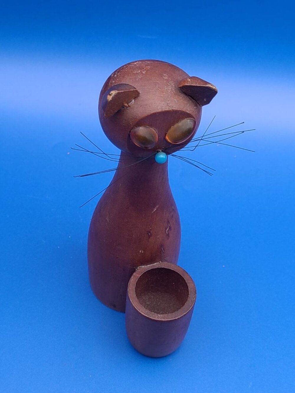 MCM Teak Wood Cat Toothpick Holder Standard Specialty Japan w Sticker - Picture 6 of 9